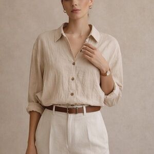 Quiet Luxury Beige Cotton Button Up Shirt Minimalist Neutral Capsule Wardrobe M